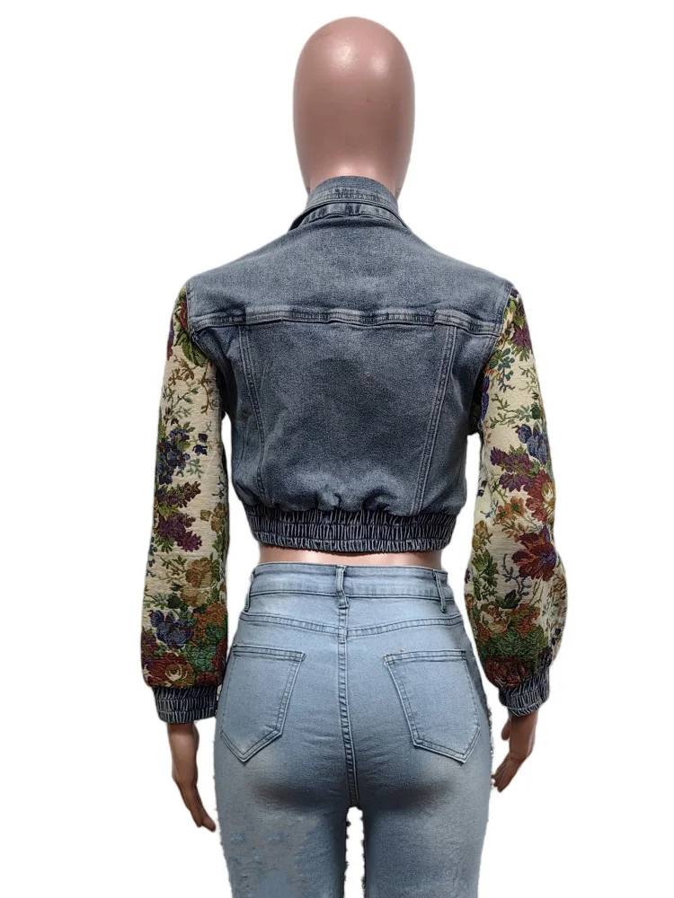 Benuynffy Women\'s Jean Coat Spring and Autumn Streetwear Print Long Sleeve Button Down Elastic Slim-fit Crop Denim Jacket Top