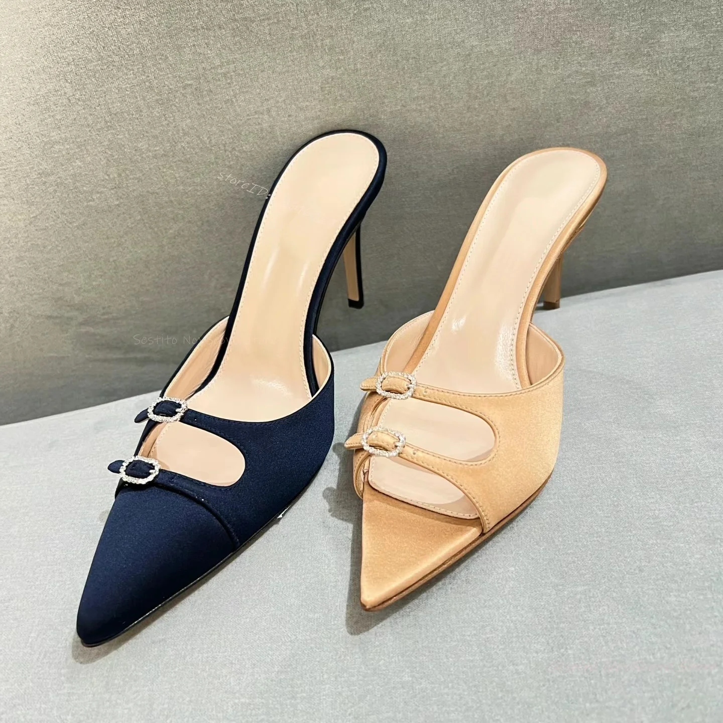 Pointed Toe Double Belt Buckle Mules Elegant Stiletto Heels Shallow Summer Fashion Slippers Sexy Women Dress Party Ladies Sandal