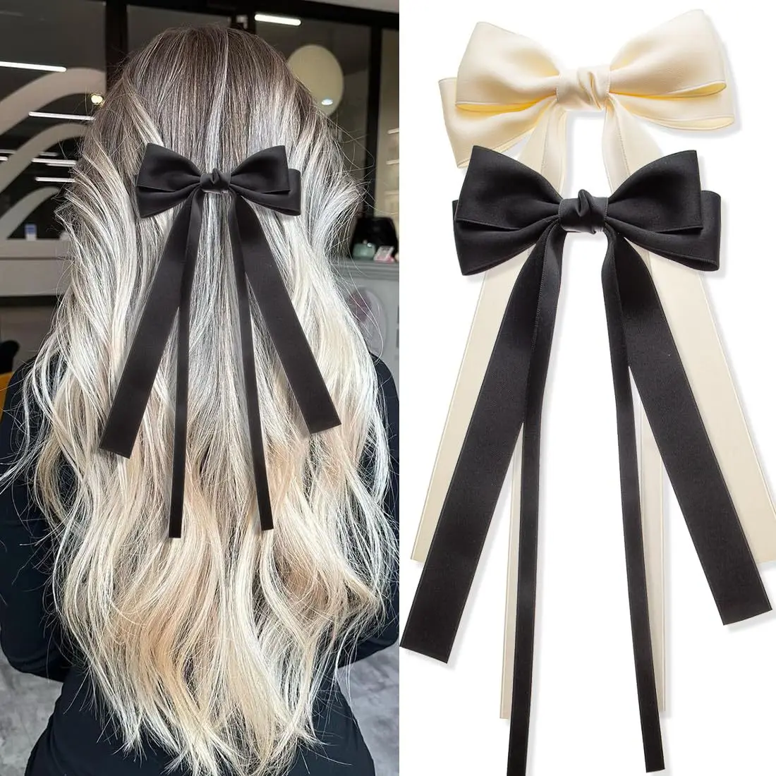 2 PCS Fashion Double Bowknot Hair Clips for Women Trendy Girls Ribbon Long Tail Bow Barrettes Solid Color Hair Accessories