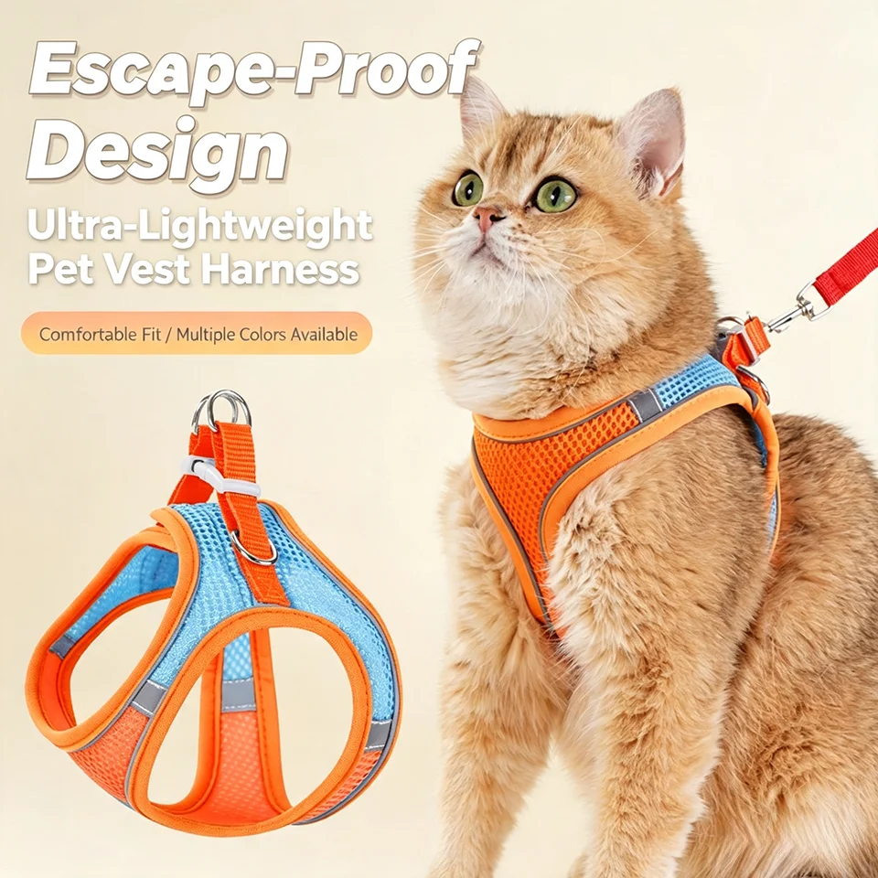 Adjustable Reflective Escape-Proof Pet Vest Harness Set, Breathable Step-In for Cats & Dogs, No Choke Comfort