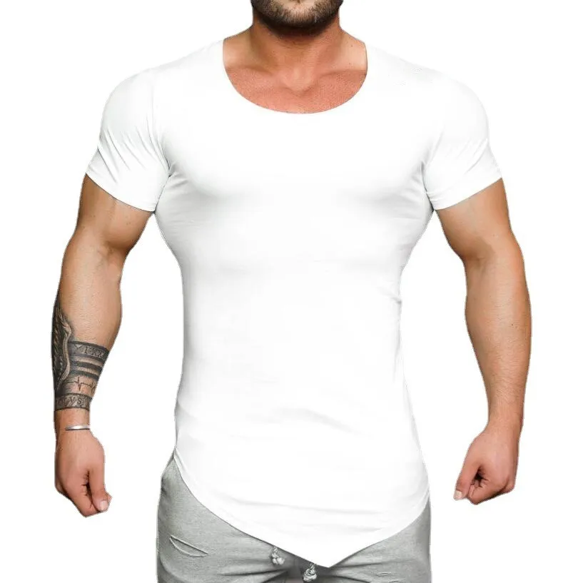 Summer Large Round Neck Cotton Short Sleeve T-shirt Mens Irregular Hem Slim Fit T Shirt Gym Clothing Bodybuilding Fitness Tshirt