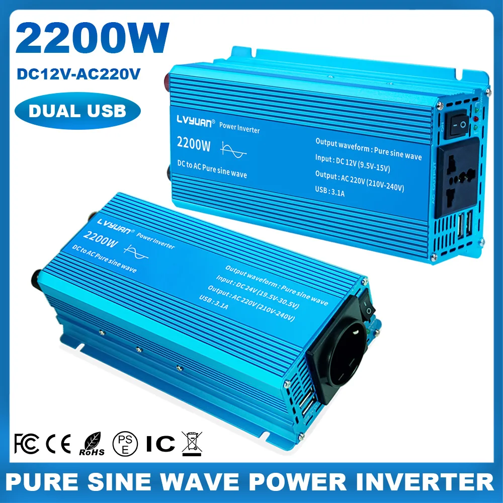 2200W/1500W/1000W Pure Sine Wave Inverter DC12V/24V to AC220V Car Charge Power Inverter 50Hz/60Hz Dual USB EU Socket For Outdoor