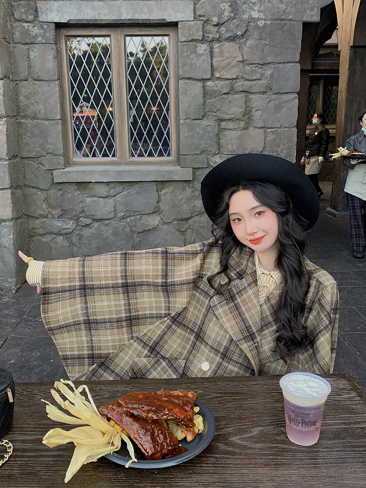 

Scottish Tartan Woolen Coat 90% Wool Retro Plaid Women's Cowl Neck Double Breasted Buttoned Long Winter Outerwear Coat