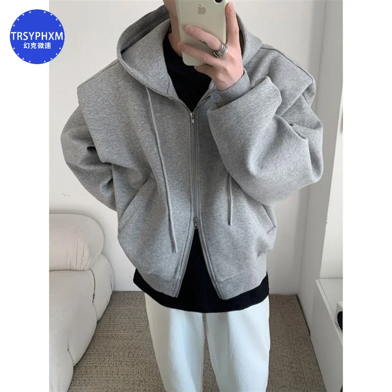 Autumn Korean style double layered composite shoulder padded hoodie men's coat hooded cardigan jacket top