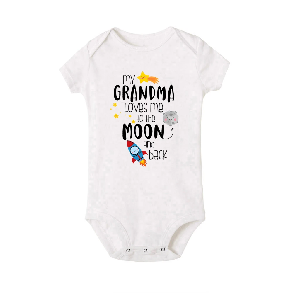 My Grandma Loves Me To The Moon and Back Printed Baby Bodysuit Funny Newborn Jumpsuit Infant Short Sleeve Romper Toddler Clothes