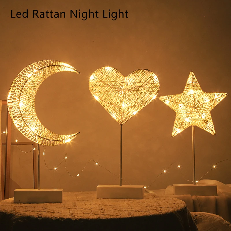 Led Rattan Night Light Star Moon Modelling Table Lamp Romantic Bedroom Decoration Hollow Rattan Night Light Ambient Light