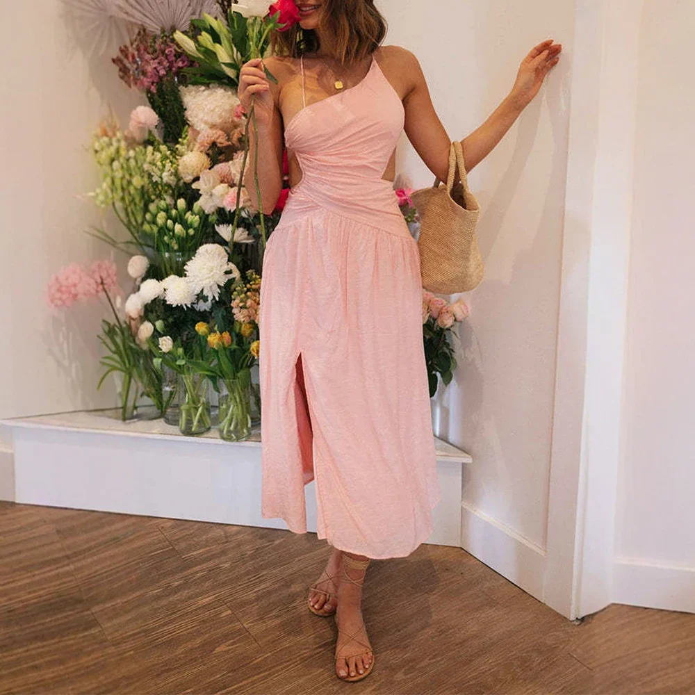 Kleider Sommermode Elegante Blumen ärmellose One-Shoulder Midi Urlaub Etuikleider für Frauen