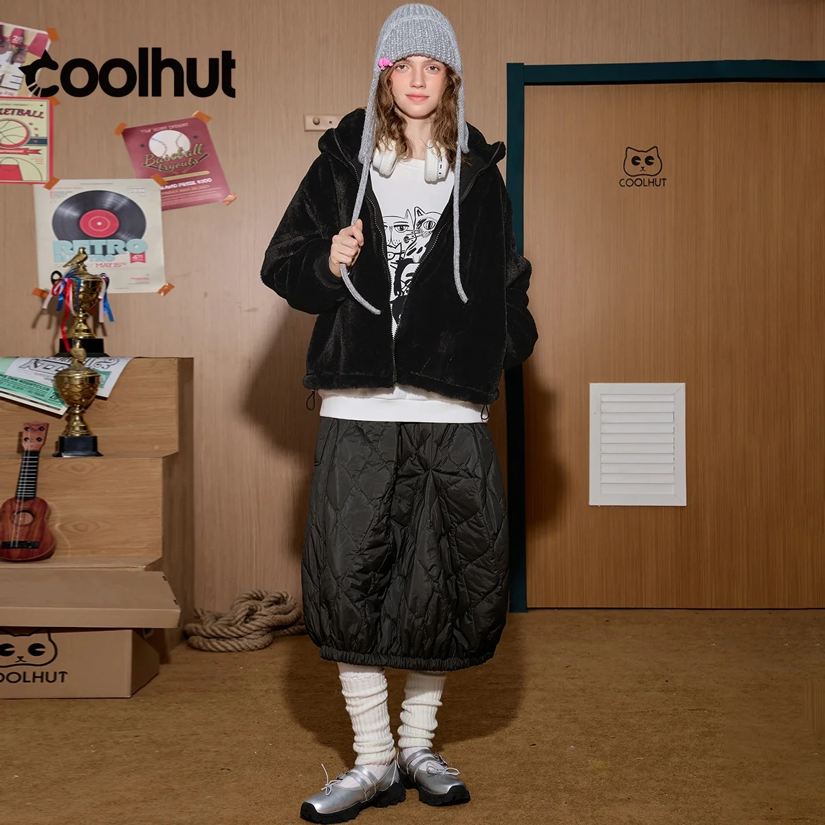 COOLHUT 2025 المرأة الأرنب هود سترة ناعمة لطيف بلون الربيع معطف دافئ خفيفة الوزن المؤنث ملابس خارجية غير رسمية #4