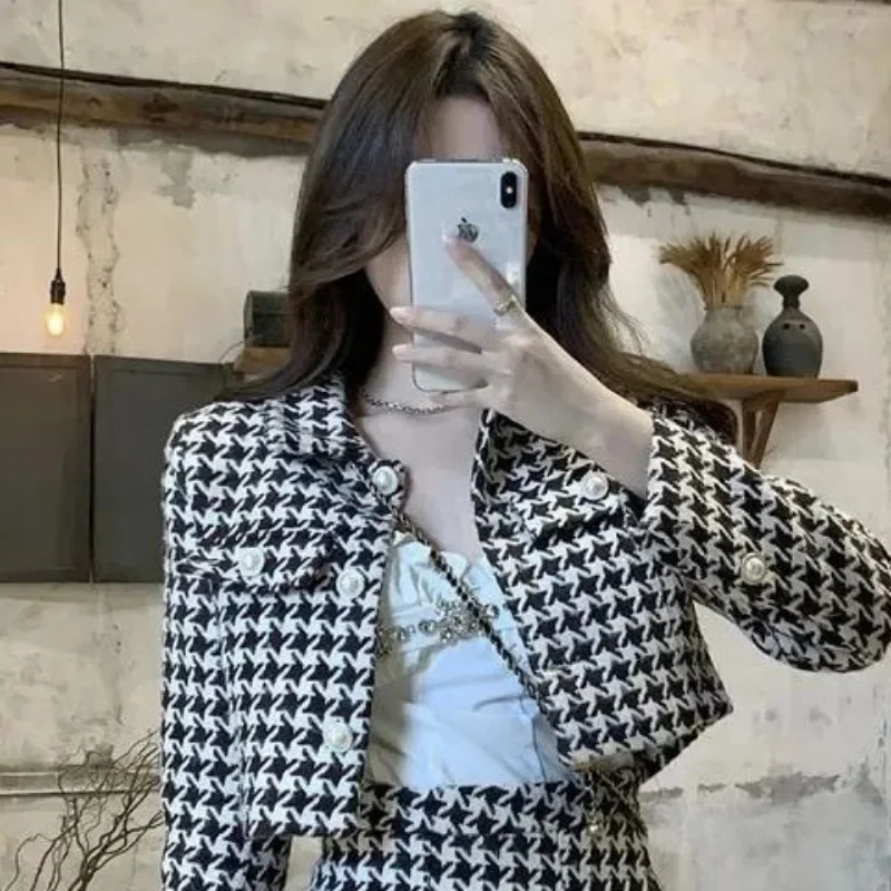 Hong kong estilo retro chique nova jaqueta saia plissada outono wear completo vestido curto conjunto moda feminina ternos de duas peças meninas