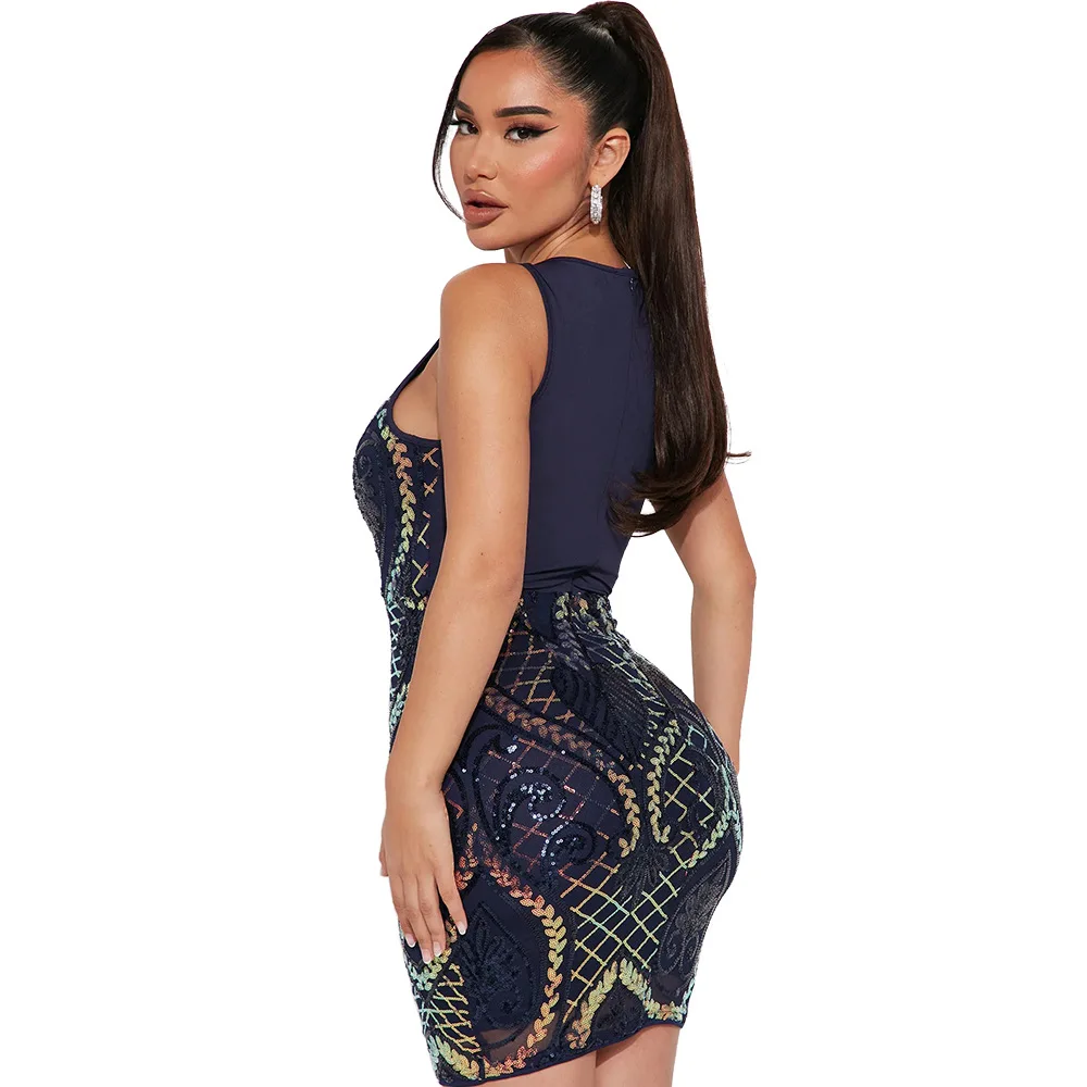 Pailletten Jurk Vrouwen Jurken Bodycon Billen Slanke Print O Hals Knielengte Vestidos Hoge Taille Party 2025, Zomer Sexy Club