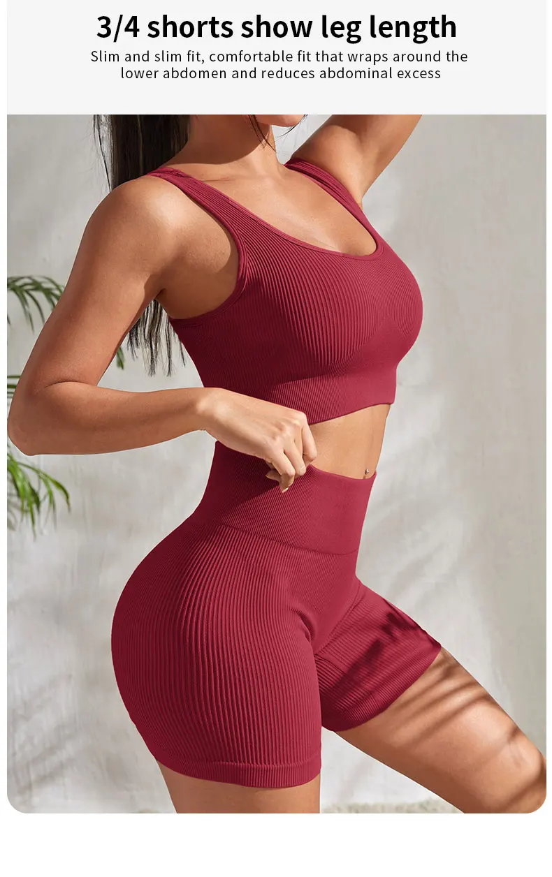 Nahtloses, geripptes Fitness-Set für Damen, einfarbig, gestrickt, 2-teiliges Workout-Outfit, bauchfreies Tanktop, Shorts mit hoher Taille, Yoga, Laufen – Detail 7