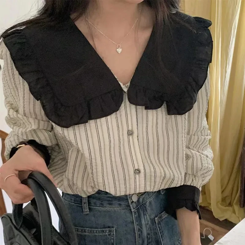 

Shirts Women Striped Ruffles Sweet Casual Basics Vintage Classics Korean Style Delicate New Ladies Spring Simple Daily Graceful