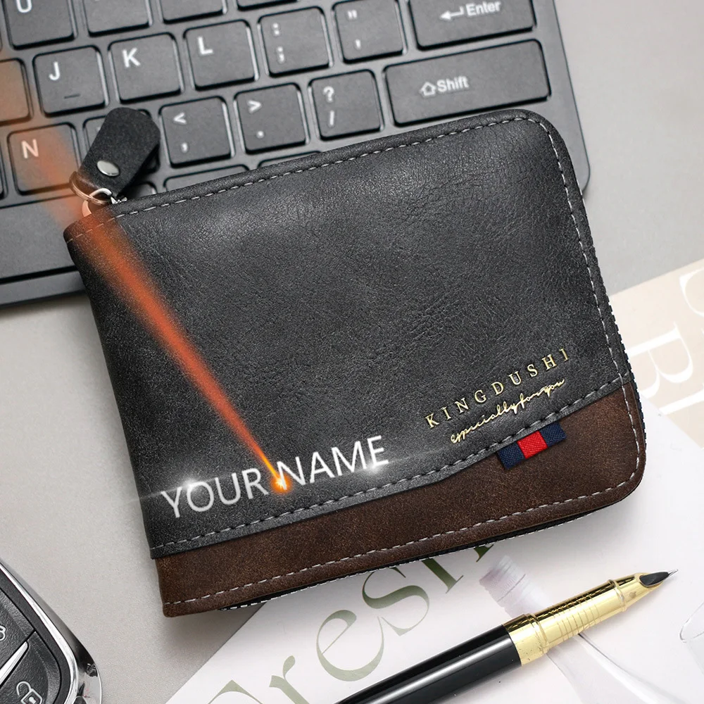 

New Simple Short Men Wallet Top Quality Zipper Coin Pocket Name Engraving Male Purses Big Capacity Card Holder Men's Money Clips