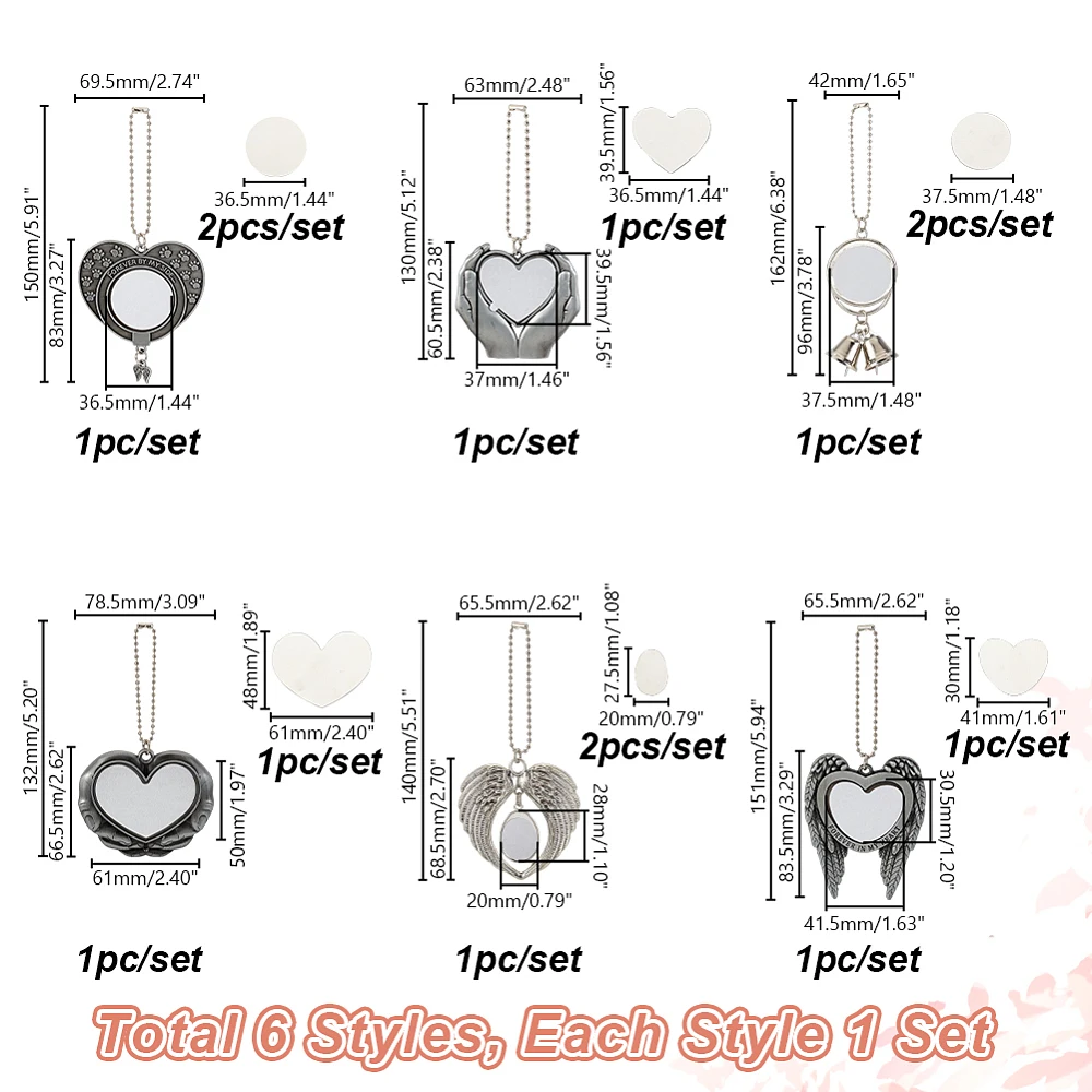 6 Sets Zinc Alloy Heat Transfer Sublimation Blank Pendant Decorations with Aluminum Findings Car Keychain Ornament Decoration