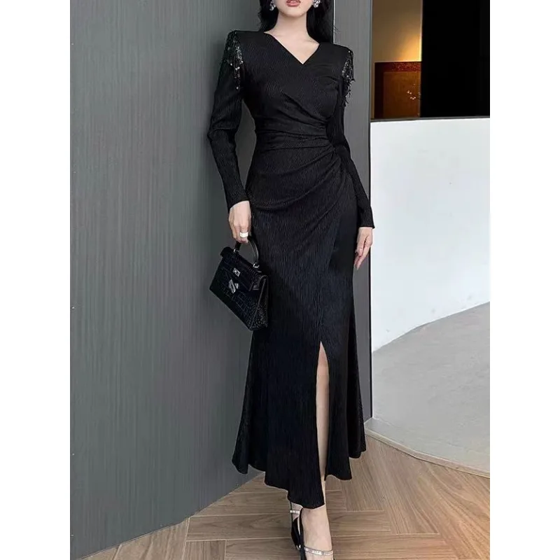 

Tinaa Sexy Black Mermaid Dresses 2026 Women New A-line V Neck Long Sleeve High Waist Slit-hem Music Festival Dress 193923