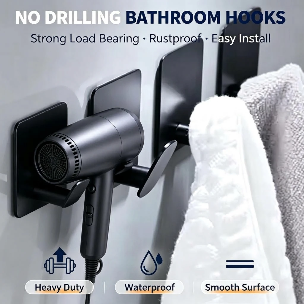 No Drill Stainless Steel Hooks Strong Adhesive Kitchen Bathroom Door Metal Hooks