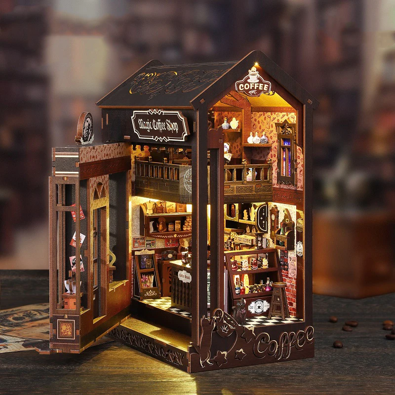 DIY หนังสือไม้ Nook ชั้นวางชุด Mgaic ร้านกาแฟ Miniature ชุดชั้นวางหนังสือ Light Bookend สําหรับของขวัญเพื่อน