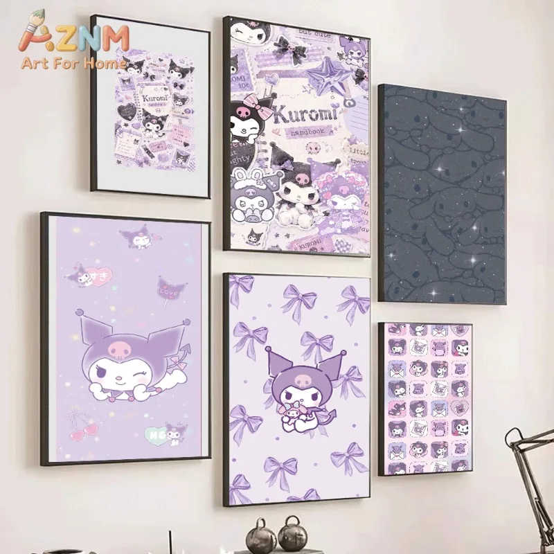 Sanrio Kuromi Canvas Wall Art Unframed Print Purple Scrapbook Collage Cute Cartoon Poster for Bedroom Dorm Home Interior Wall D