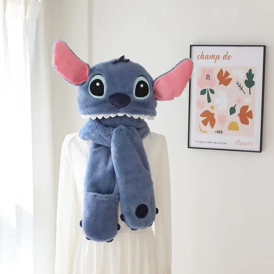 Stitch Hat Disney Autumn and Winter Lovely Plush Hat Thickened Warm Scarf One Even Hat Scarf Gloves Three Sets