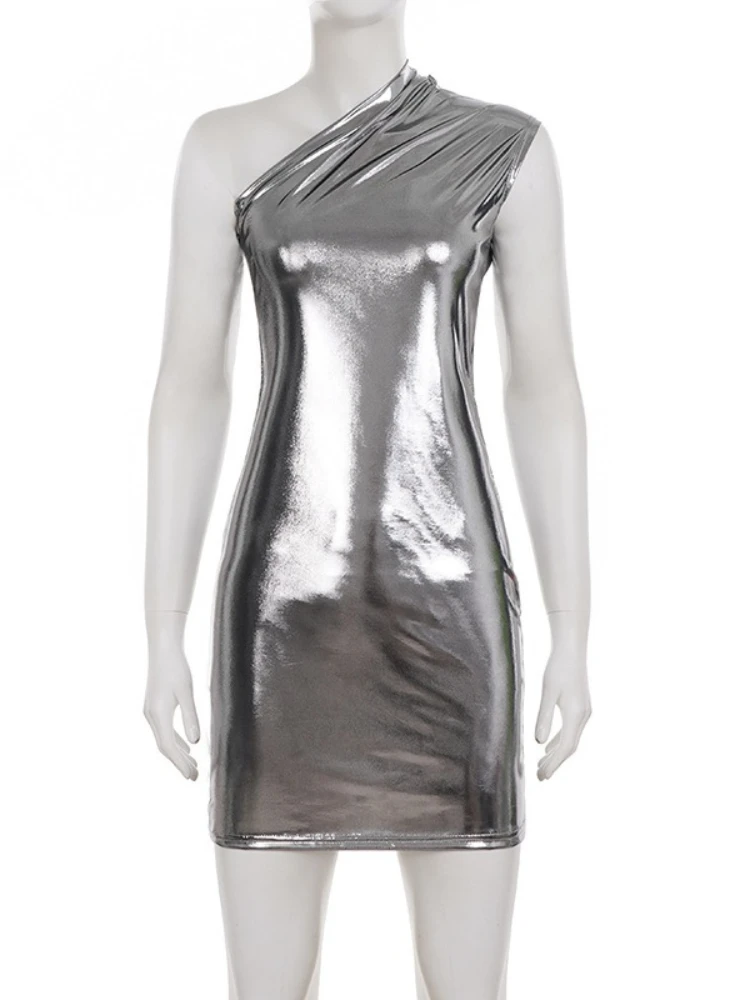 SsTss レディース セクシー シャイニー コーティング アシンメトリー ワンショルダー ボディコン ミニドレス、ソリッドカラー ノースリーブ スリム ボディコン ミニ パーティードレス