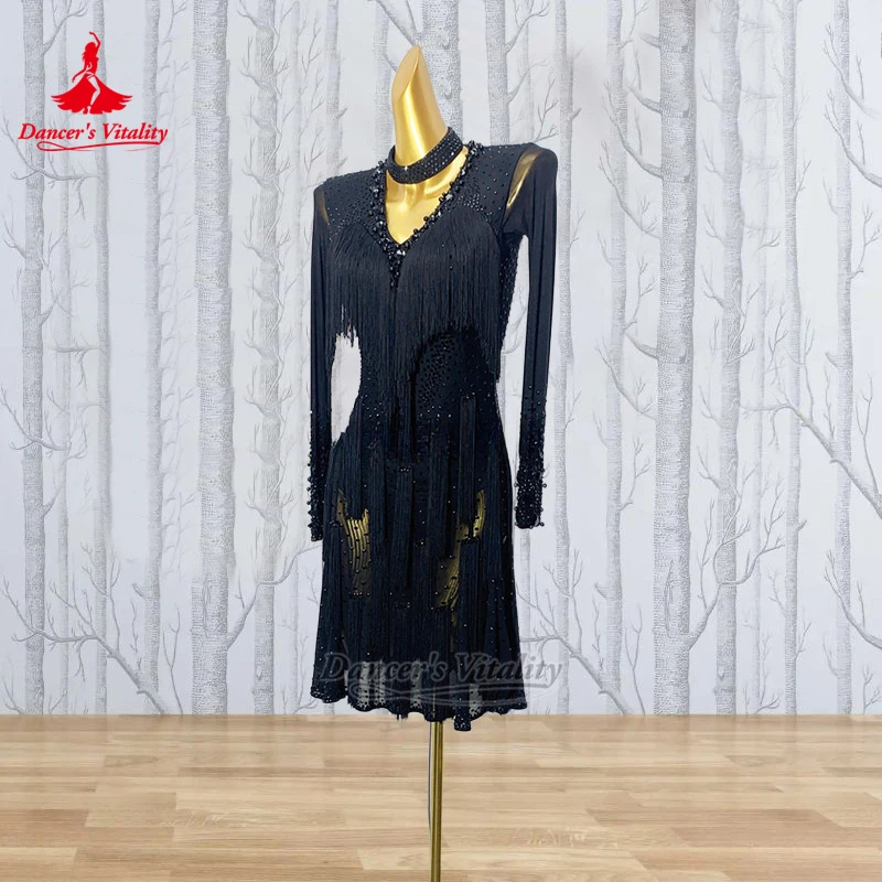 

Платья для латиноамериканских танцев с V-образным вырезом для взрослых и подростков, индивидуальный пошив, женские, для самбы и джайва, с длинными рукавами, бахромой и ожерельем