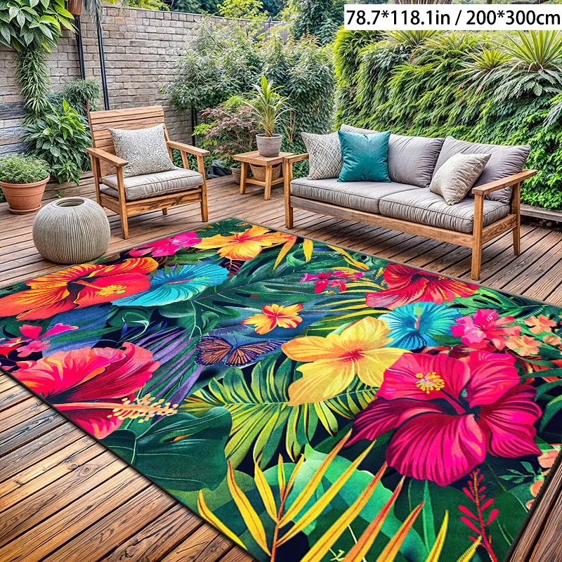VIKAMA Large Jungle Flower Outdoor Rug Rich Tropical Foliage Hibiscus Art Thick Comfortable Anti‑slip Rug Backyard Lounge Space