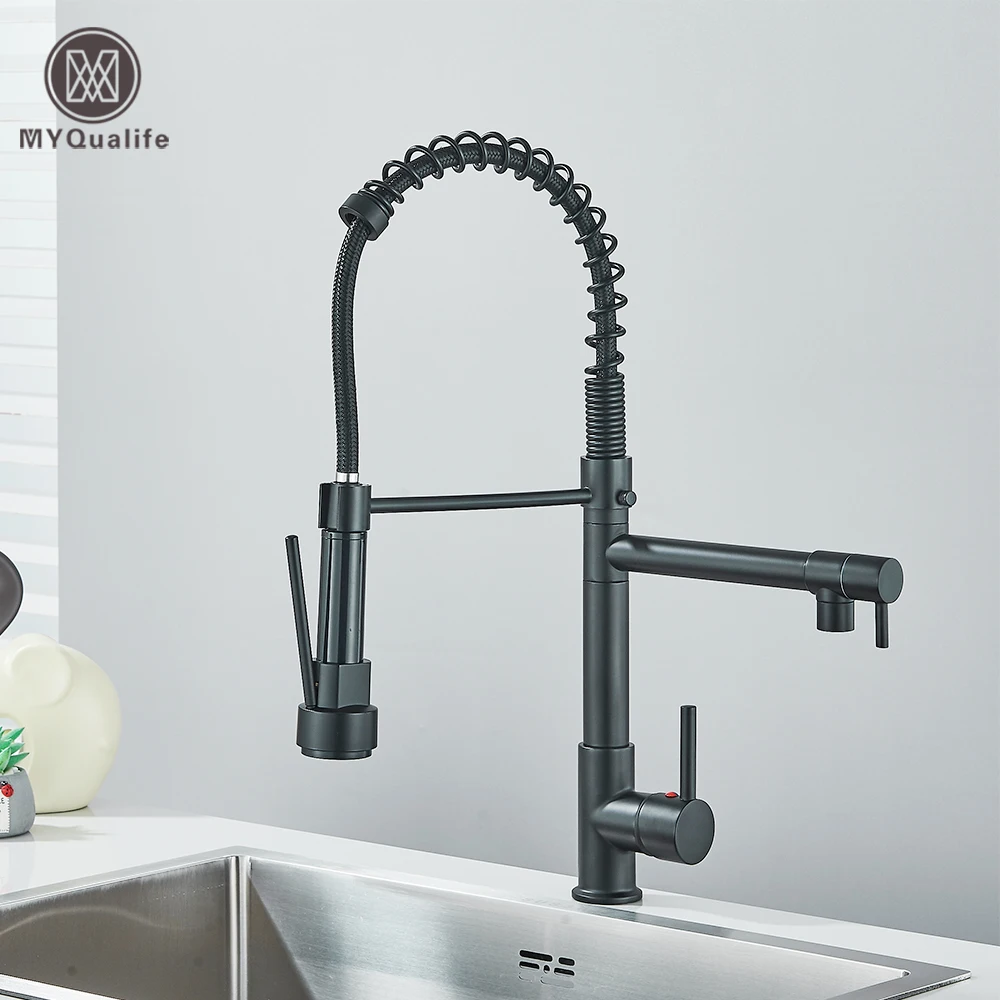 Black Pull Down Kitchen Sink Faucet Hot Cold Water Mixer Crane Tap with Dual Spout 360 Rotation High Faucet Deck Mounted