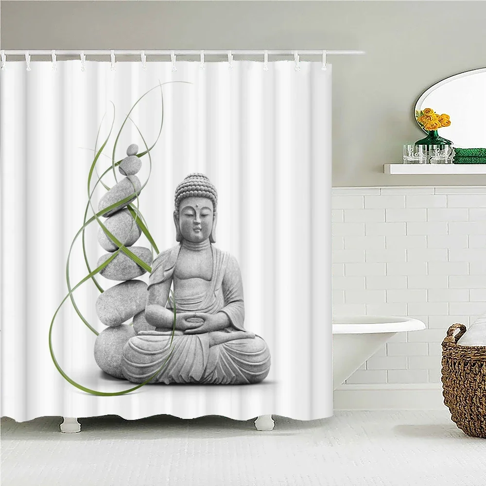 Buddha Statue Bathroom Shower Curtains Indian Zen Stone Printed Bath Curtain Home Decor Waterproof Polyester Fabric with Hooks