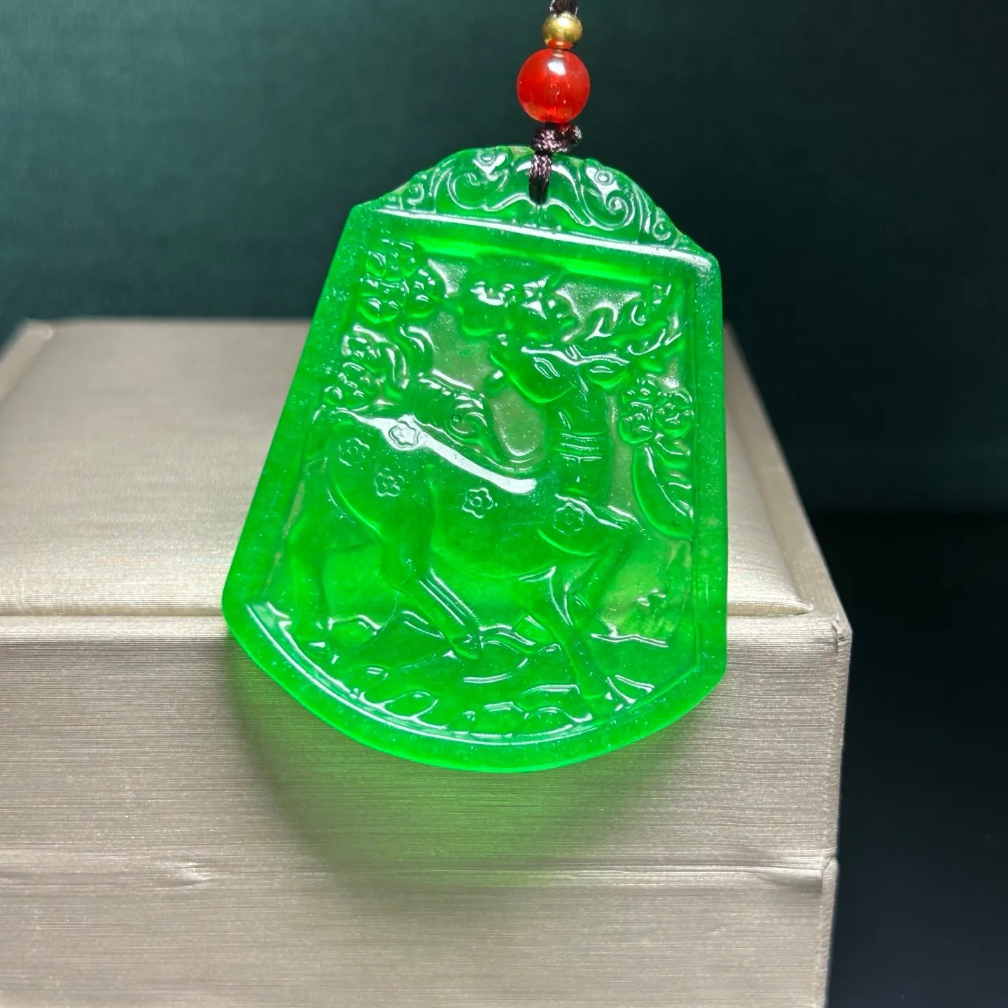 Real Natural High Ice Green Burme Jade Jadeite amulet Pendant & Necklace Sika Deer