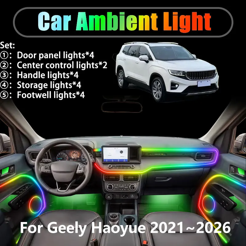 

For Geely Haoyue VX11 2021~2026 Okavango 2/18 in 1 Car ambient lighting Led trunk interior led lights USB RGB Ensemble Streamer