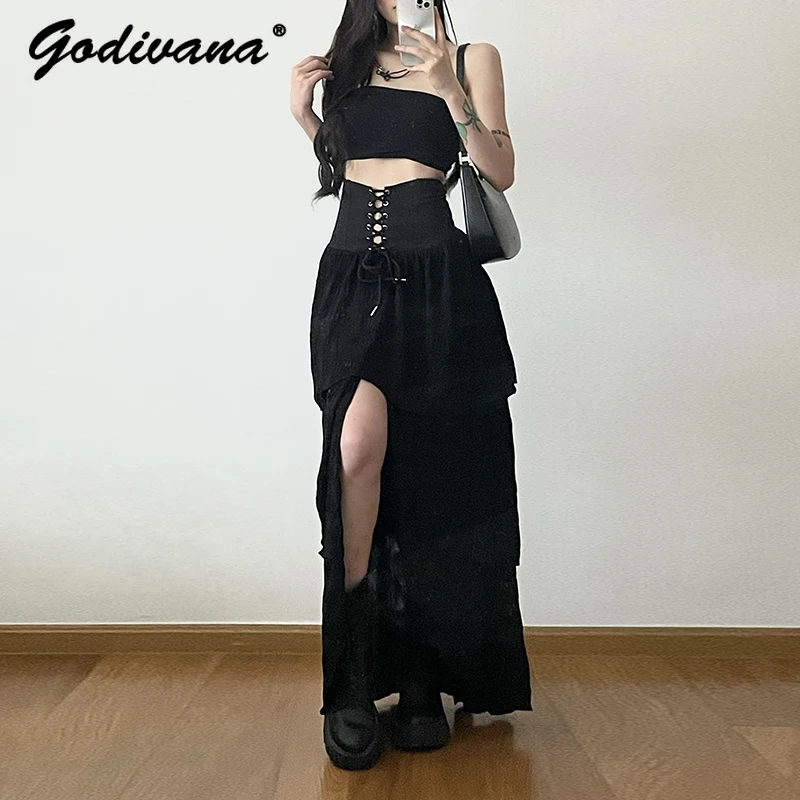 Streetwear Women's High Waist Black Strap Skirt All-match Spring and Autumn Split Fork Long Pleated Cake Skirt