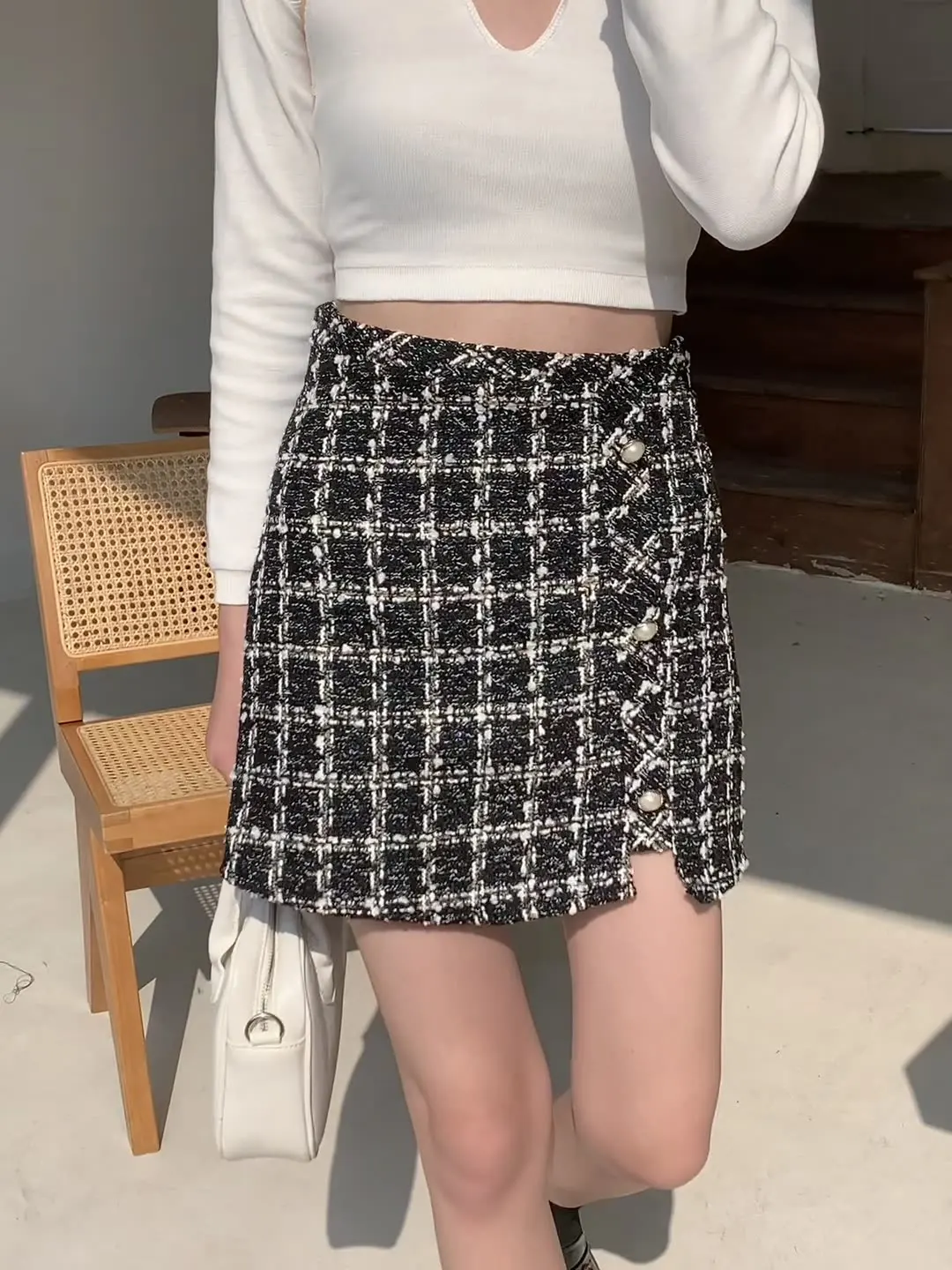 

Button Front Woolen Tweed Skirts Womens Spring Autumn Irregular Mini Pencil Skirt Korean School Ladies Girls Short Plaid Skirt