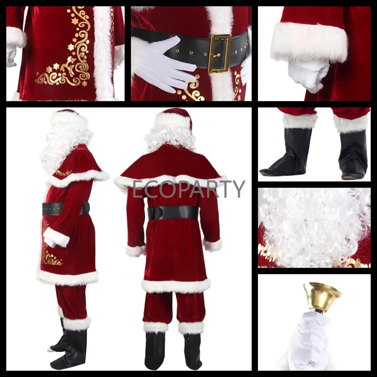 12PCS Men's Christmas Costume Adult Santa Claus Costume Xmas Suit Hat Shawl Top Pants Belt Boots Mitten Beard Wig Set M-5XL