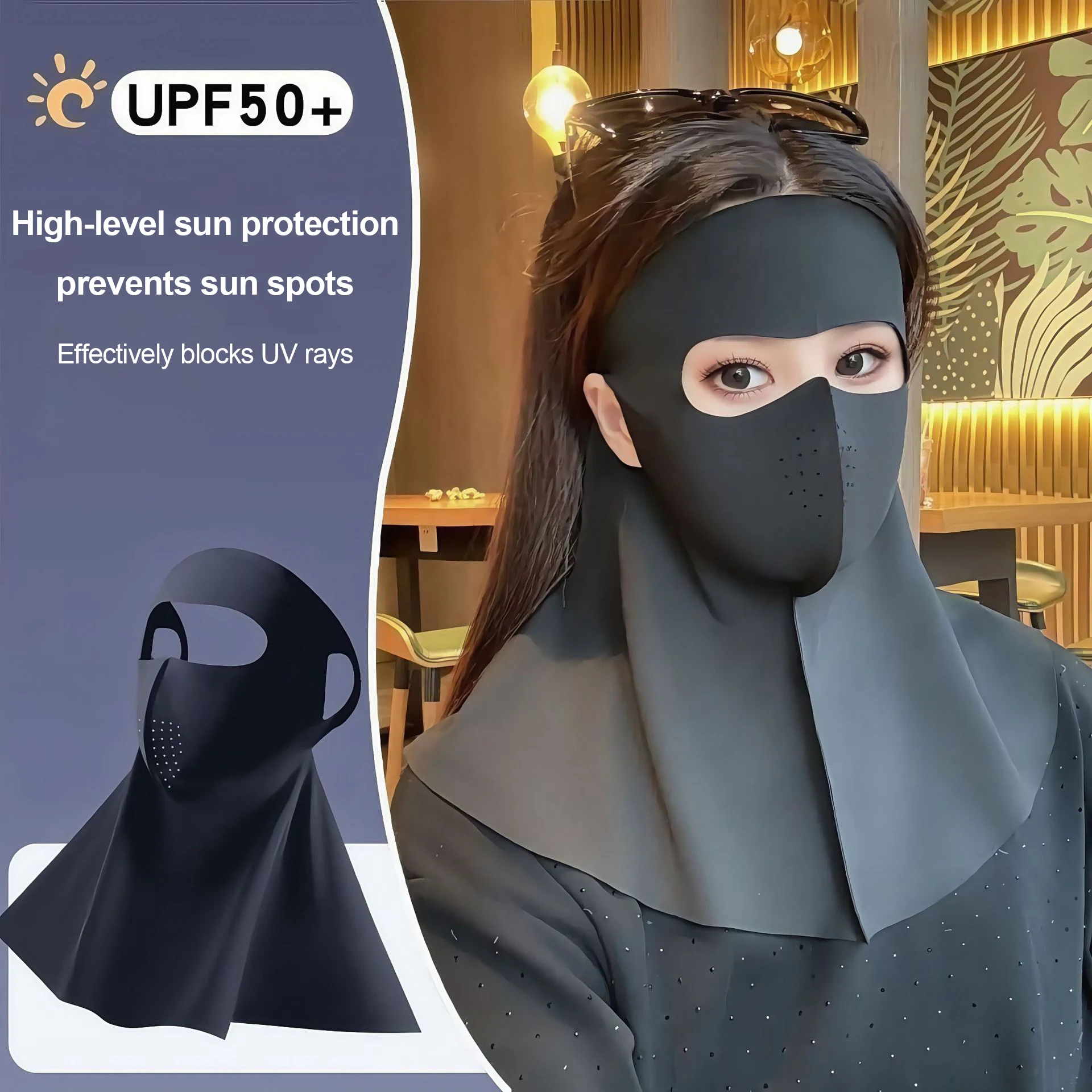 Damen-Sonnenschutzmaske für Sommer, Autofahren, Nackenschutz, Einkaufen, Strand, Radfahren, Anti-Sonnenschutz, Vollständige Abdeckung, Eisseide Gesichtsmaske