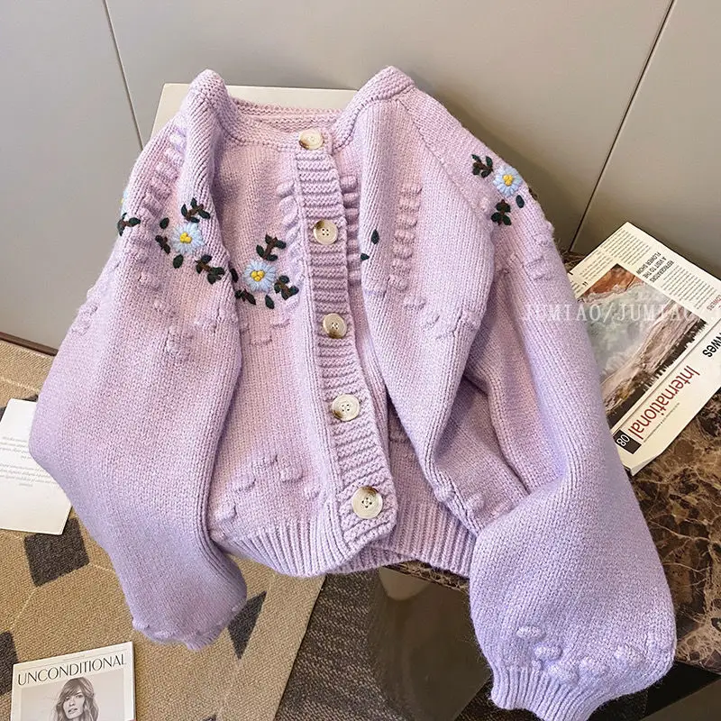 

Embroidery Cardigan Women Sweet Cropped Sweaters Gentle Knitted Retro Korean Style Fashion Outwear Floral Cardigan Feminine