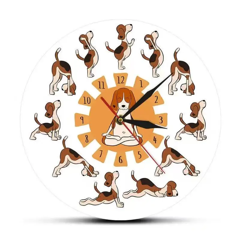 Funny Yoga Dog Wall Clock Cute Cartoon Beagle Yoga Poses Silent Quartz Wall Watch Home Living Room Studio Decor Yoga Lovers Gift