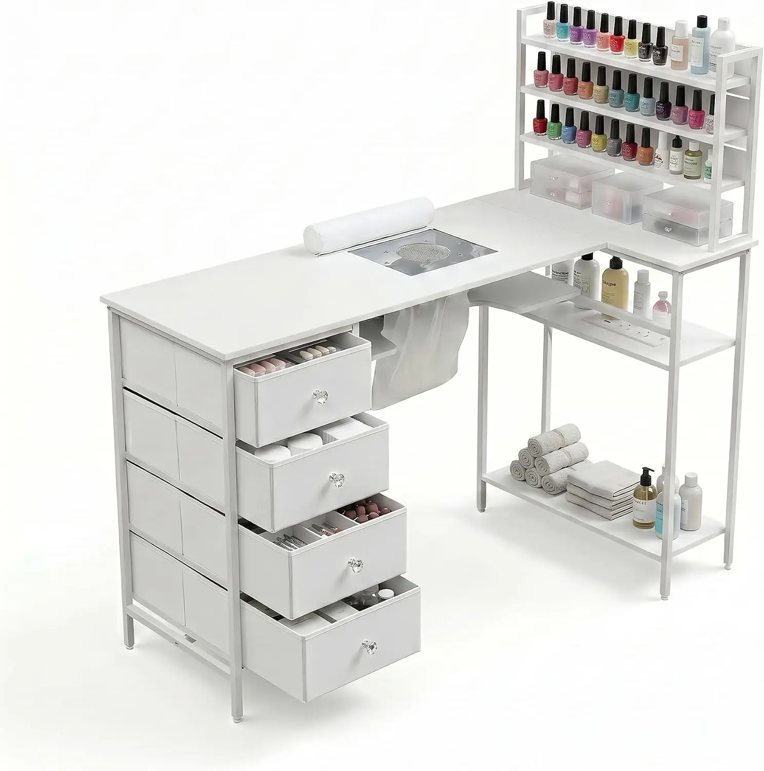 Professional Nail Desk with Dust Collector & Outlet, 47.2 in Manicure Table with 4 Drawers, Open Shelves, Tiered Storage Rack, C