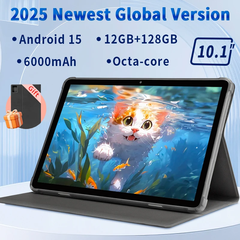 تابلت Android 15 مقاس 10.1 بوصة، 12(6+6) جيجابايت + 128 جيجابايت + 1 تيرابايت قابل للتوسيع 2025 تابلت Widevine L1 مع 6000 مللي أمبير في الساعة، هدية سفر، مساحة للأطفال، YT Kids