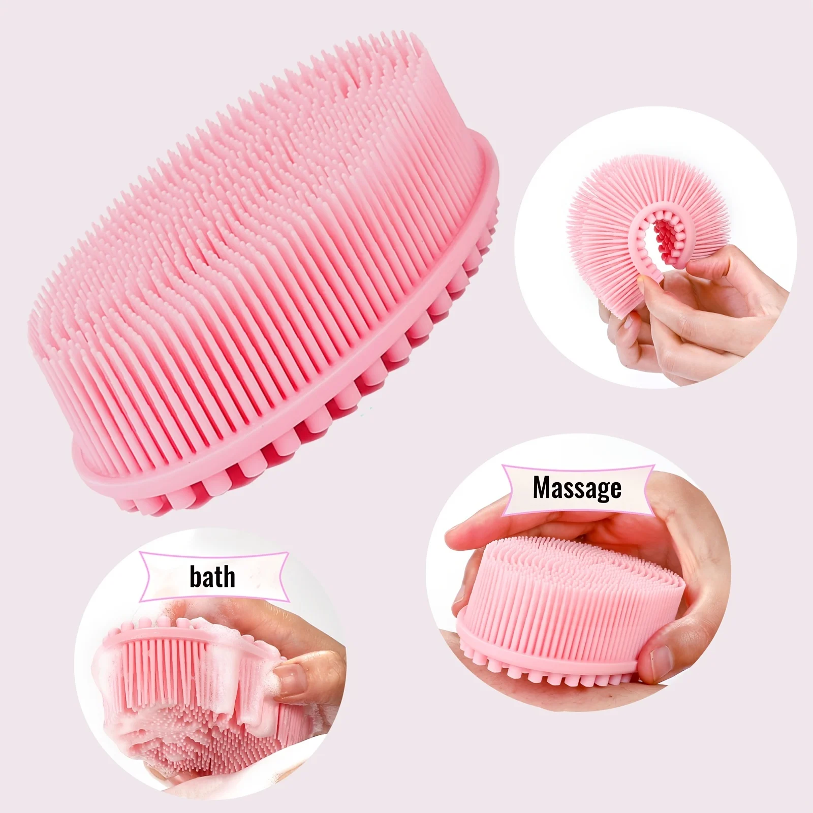 3pcs Silicone Body Scrubbers, Body Bath Brush x1, Facial Scrubber x1, Nose Blackhead Remover x1, for Women Men Various Skin Pink