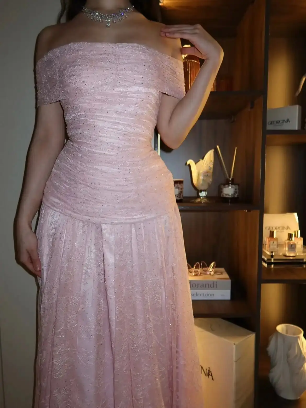 Customized Pink Off Shoulder Prom Dress Lace Sequin Embellished Ruched Bodice High Slit Floor Length Party Dress 2026 Customizd