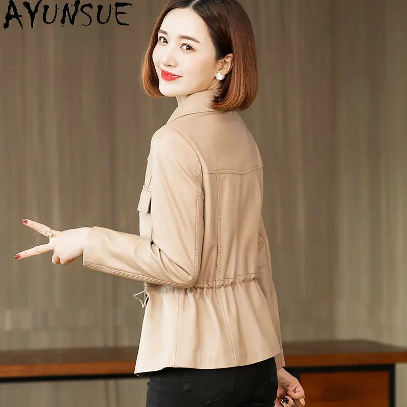 

AYUNSUE High Quality Sheepskin Leather Jacket Women 2023 Real Leather Coat Women Genuine Leather Jackets Slim Outwears Lace-up