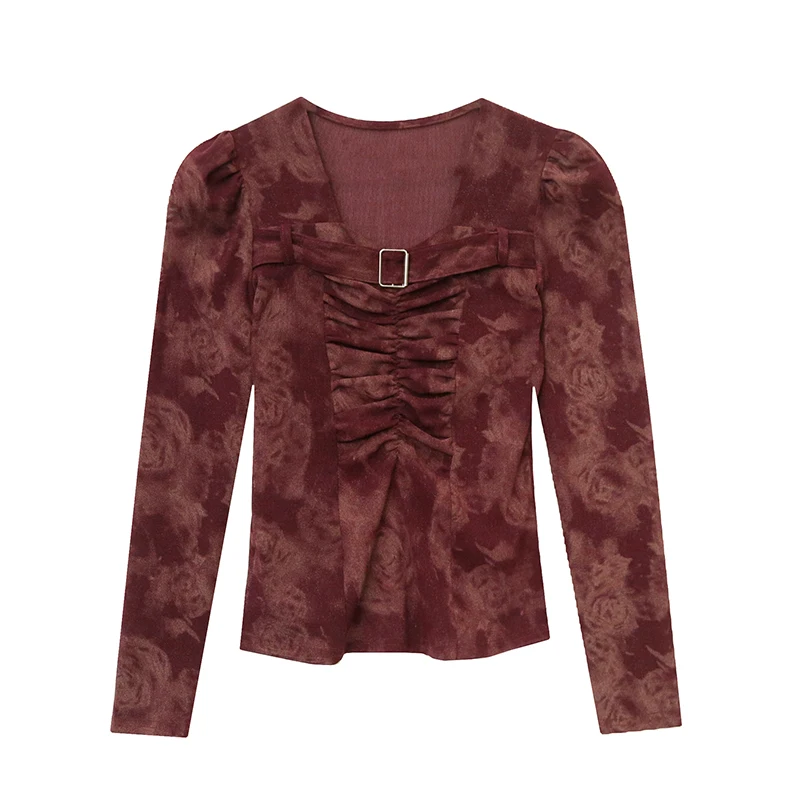 Czarny, koreański, styl, siateczka, koszulka, szykowny, seksowny, kwadratowy kołnierzyk, drukuj, drapowany, łączony, elastyczny, cienki, damski, topy, długi rękaw, koszulki, nowy, 51301