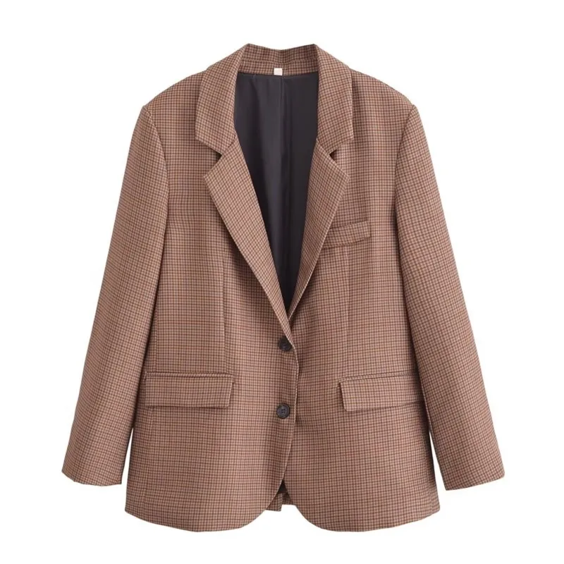 TRAF Plaid Blazer Women Autumn Casual Pocket Button Decoration Pocket OverCoat Female Chic Outwear Female Blazer