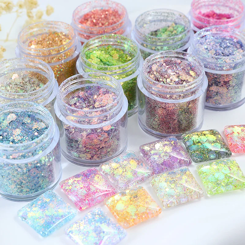 

10ml Fairy Holographic Chunky Glitter 3D Mixed Shape Laser Nail Sequins UV Gel Polish Sparkling Powder Dust Glitter Flakes