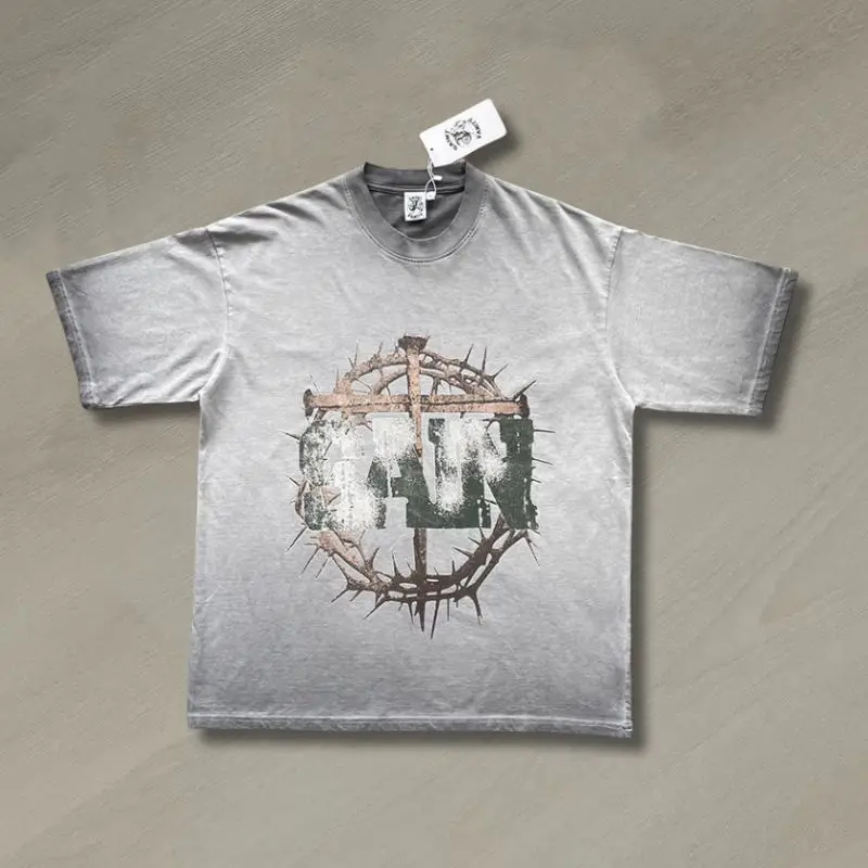 

High Quality Cotton SAINT VANITY Tshirts Vintage Artistic Thorns Pattern Gradient Washed Casual Short Sleeve Tops Men Women