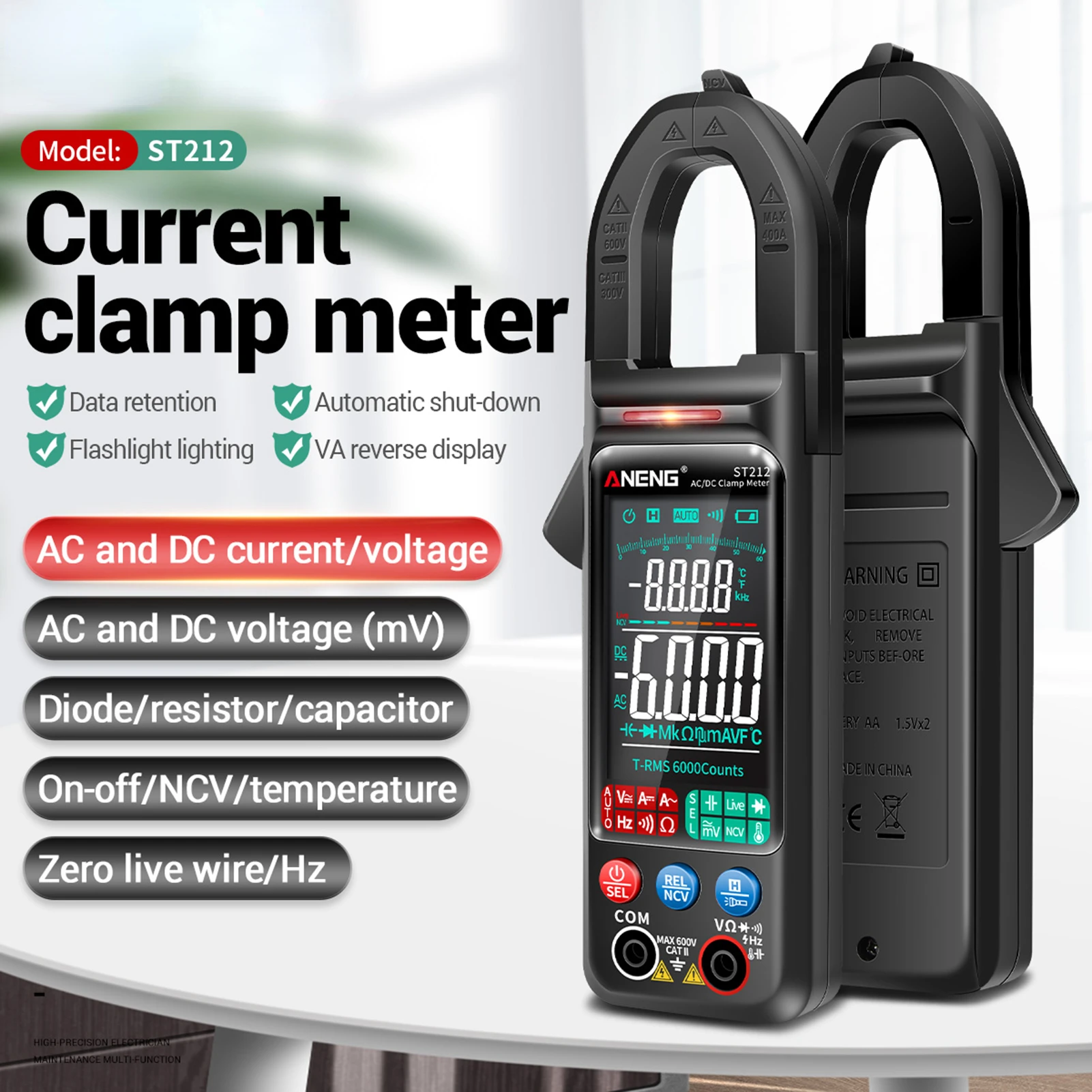 

ANENG ST212 Clamp Meter Digital Clamp Multimeter 6000 Counts Smart AC DC Voltmeter 400A Ammeter Auto Range VA Colored Display