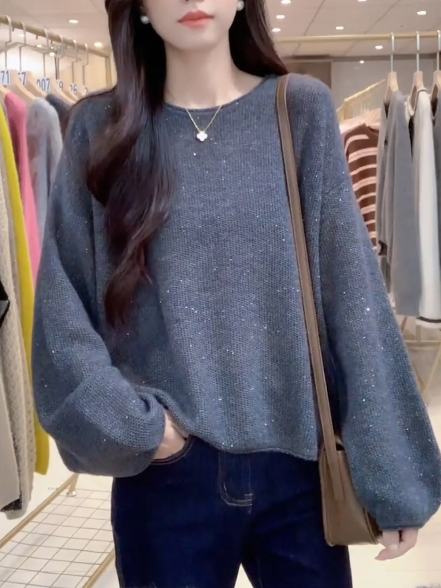 

Ladies' Knitted Long Sve round Ne Loose Fit Heavy Embelliment Winter Sweater Comfortable Warmth Color Knitwear