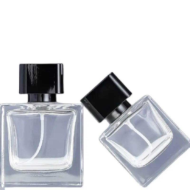 6pcs Glass Atomizer Empty Square Transparent Bottom Cosmetic Packaging Black Crimp Pump Mist Spray Perfume Bottles 50ml 100ml