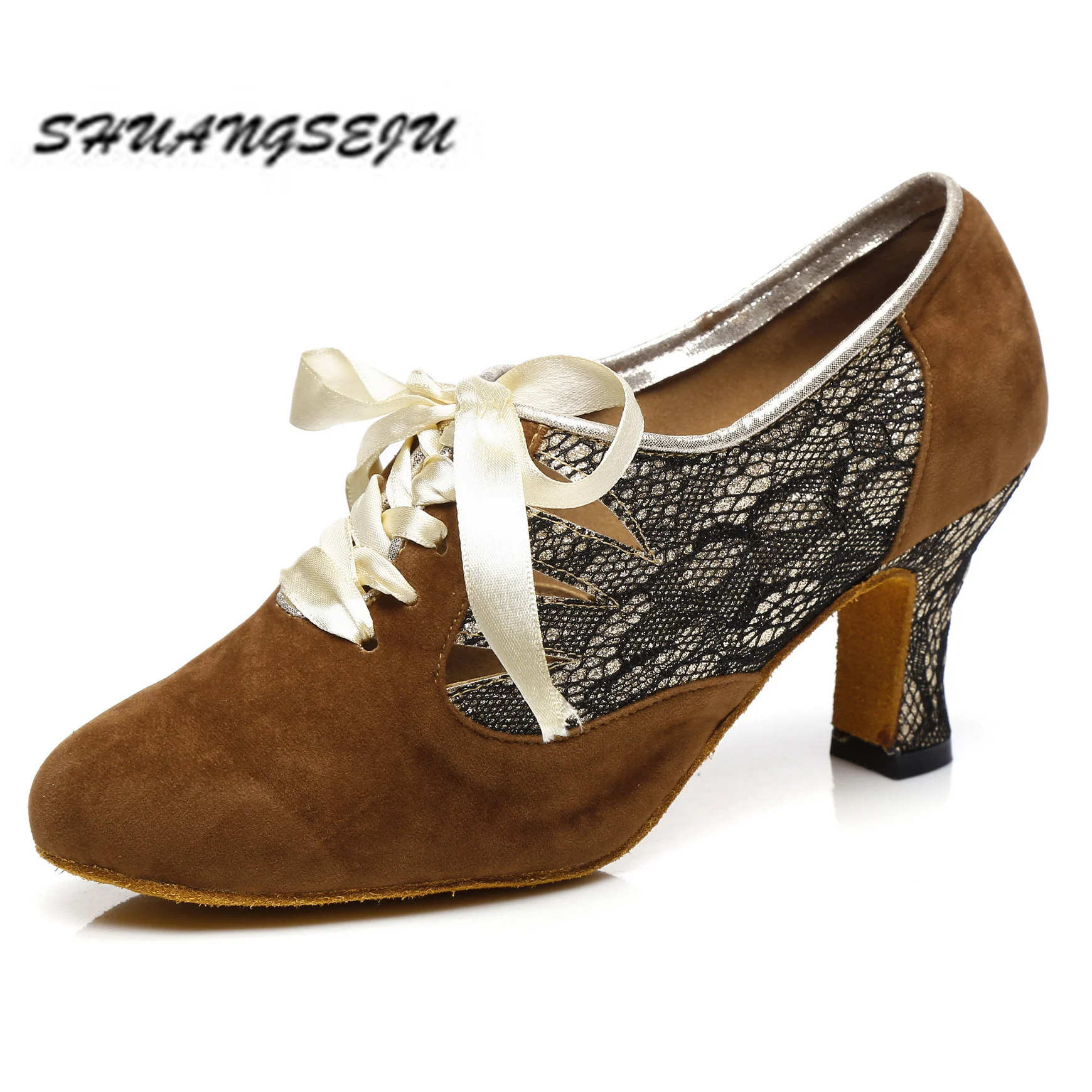 SHUANGSEJU New Latin dance shoes Brown modern dance shoes square Cha salsa Baotou performance shoes high heels 5-7.5cm soft sole