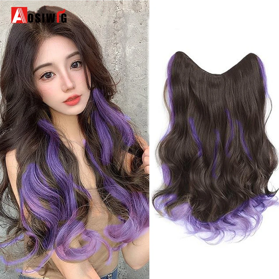 Synthetic Long Wavy Curly Chip in Hair Extensions hairpiece Hairstyles Black highlighted purple 5 Clips Heat Resistant Ombre For